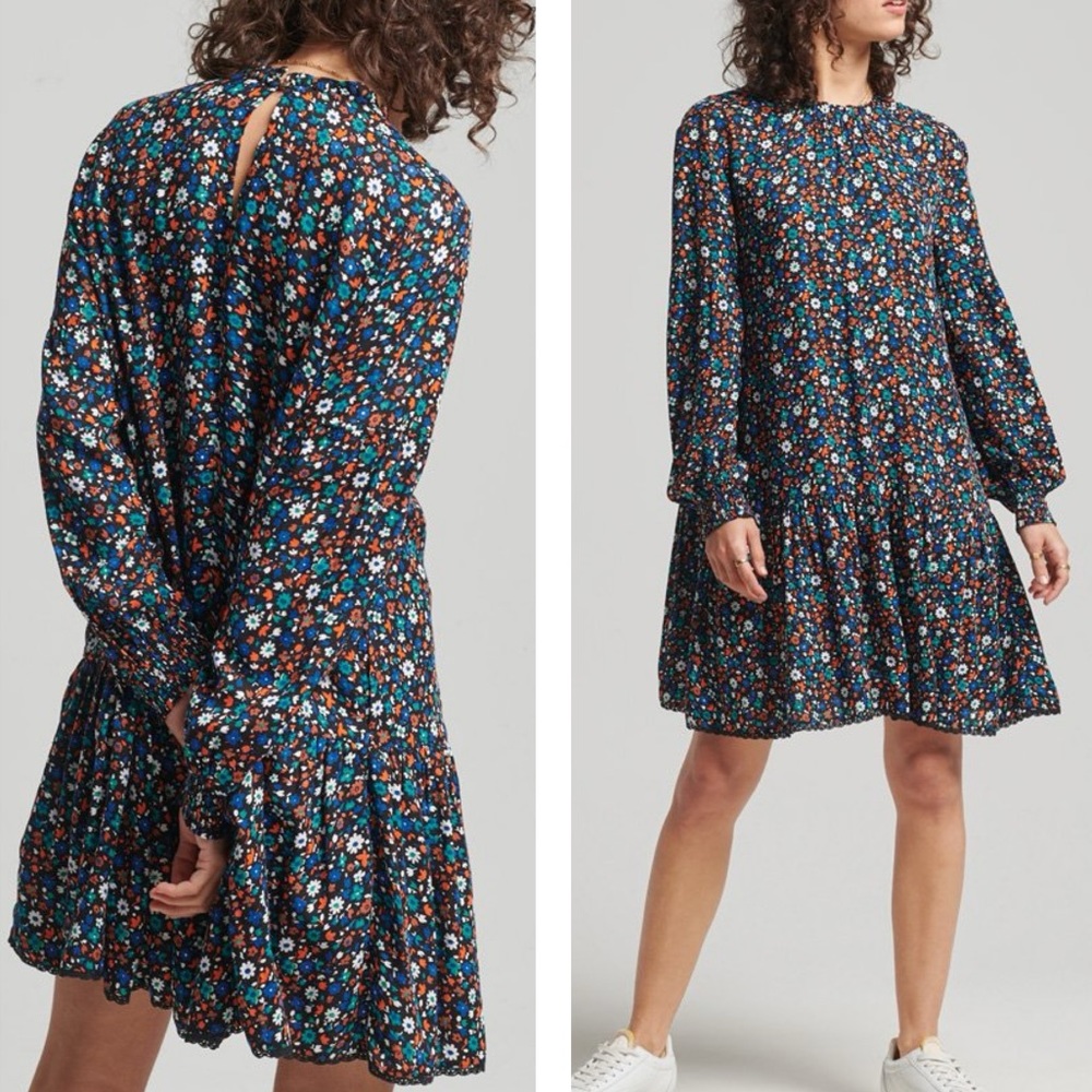 Superdry NWT Colorful Floral High Neck Mini Flowy Long‎ Sleeve Dress Size 6